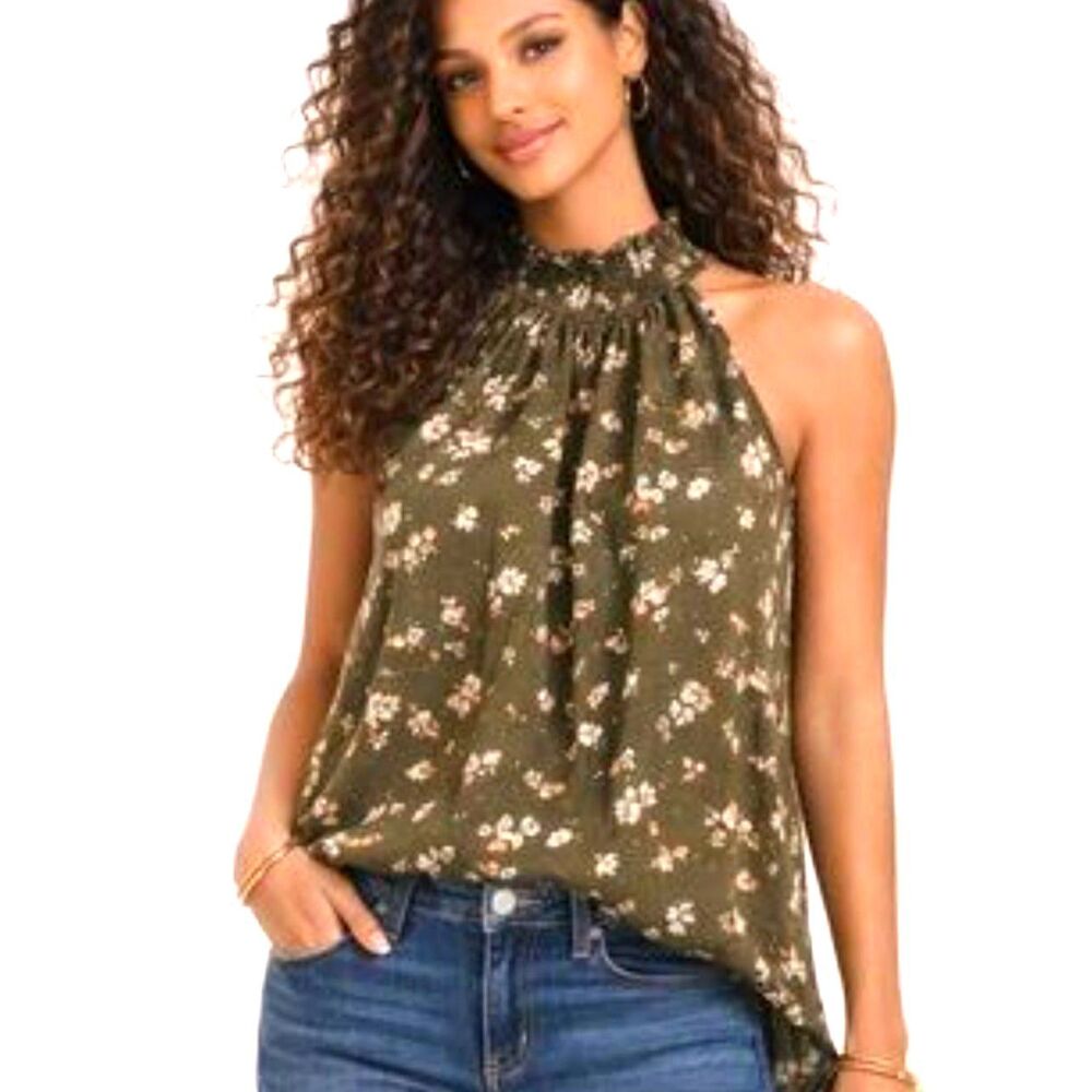 Green Floral Prairie Boho Mock Neck Blouse XS Rayon Jacquard Herringbone Tank